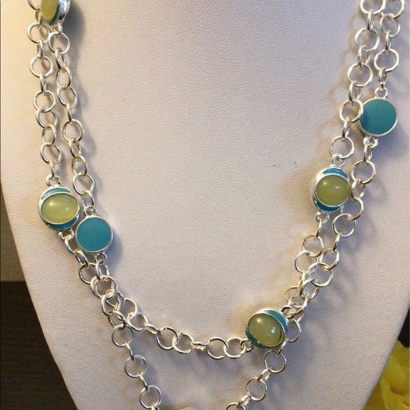 NWOT. Silver Tone Chain, Blue & Yellow Long Necklace. - Picture 4 of 6
